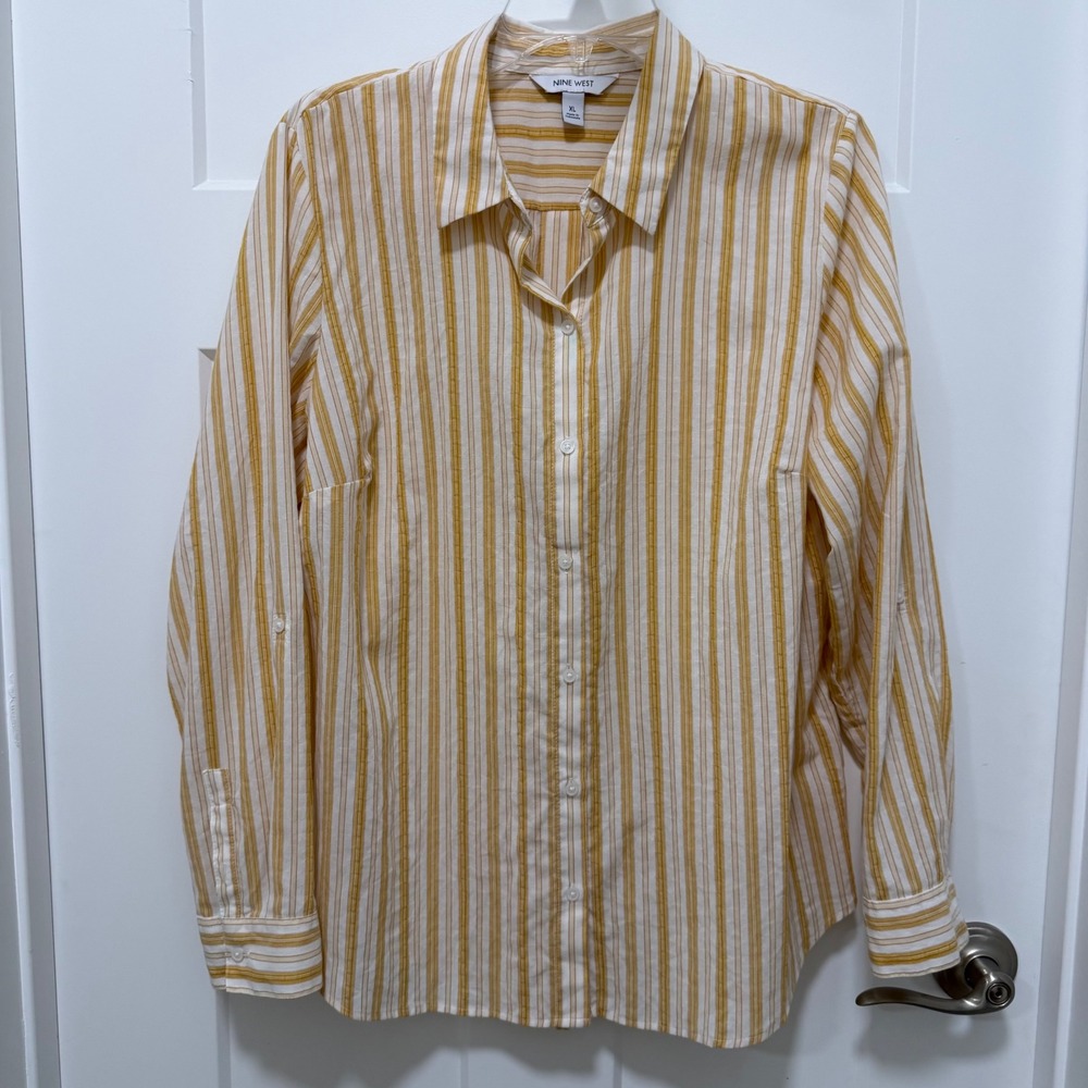 Nine West Women XL Yellow White Striped Button Down Roll Tab Sleeve Shirt